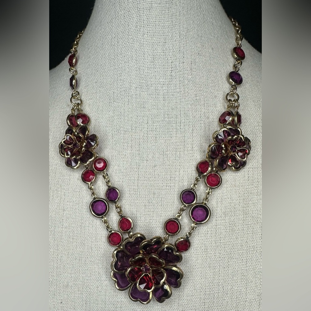 Chunky Floral Statement Necklace Gold Tone Red Purple Bib Style Y2K 90s 16”